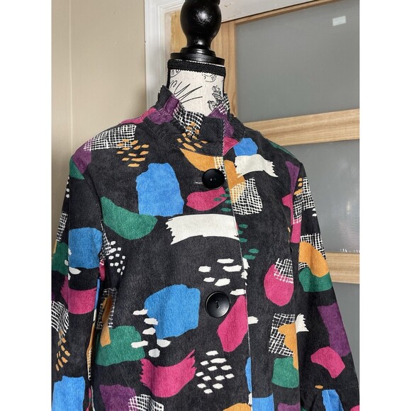 Women's Abstract Print Art Jacket Blouson Coat Button Front Retro Colorblock - Picture 5 of 11